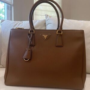 PRADA- PRADA Brown Saffiano Lux Leather Large Double Zip Tote.